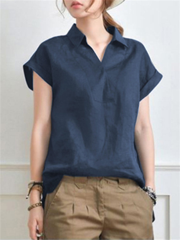 Women's Summer Elegant V-neck Short Sleeve Office Cotton Blouses
