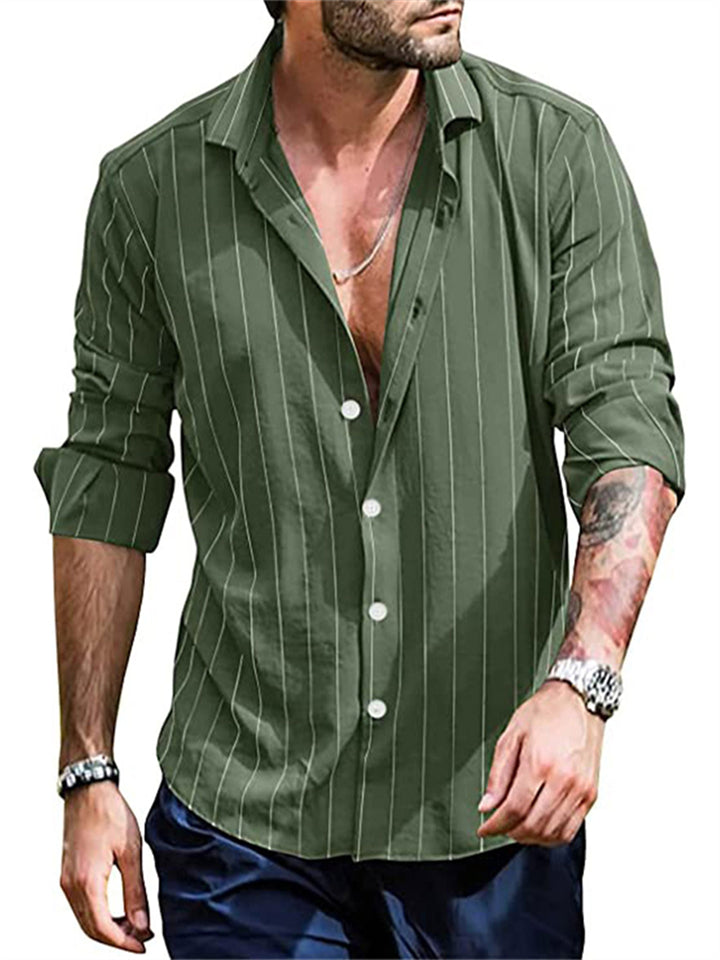 Men's Fashion Button Up Linen Cotton Vertical Stripes Shirts