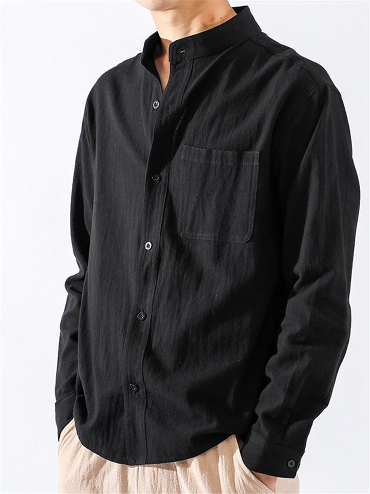 Men's Casual Solid Color Comfy Linen Cotton Mandarin-Collar Shirts