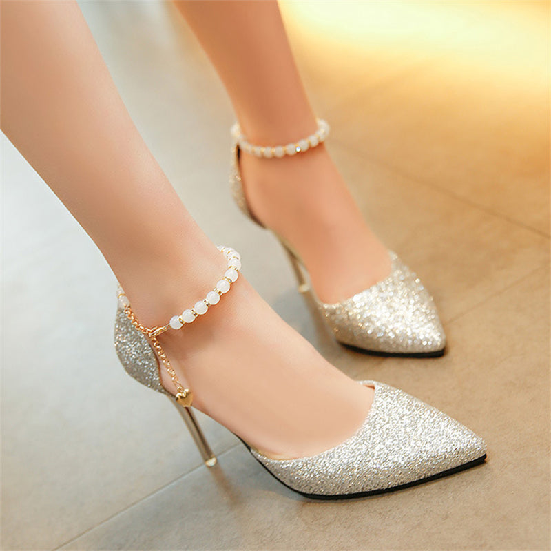 Women's Metal White Pearl Chain Pointed Toe Shining Stiletto