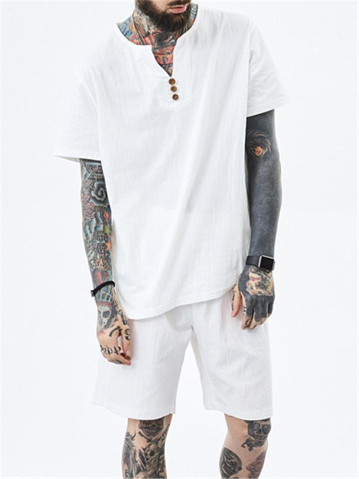 Mens Comfy Buttons V Neck Linen Short Sleeve T-Shirts+Shorts Outfits