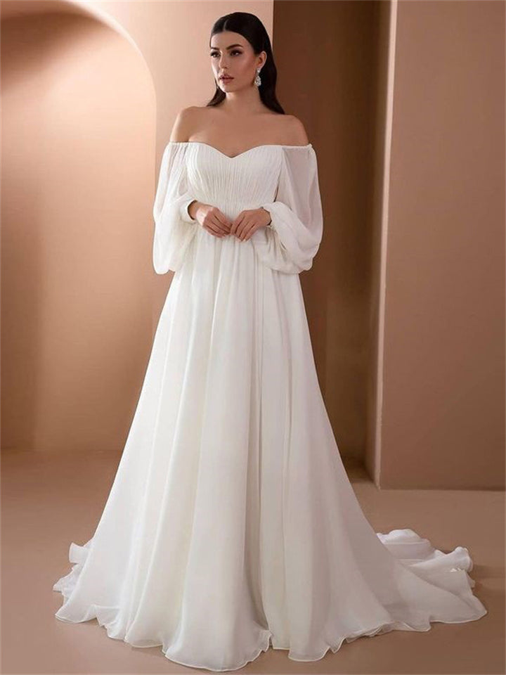 Elegant One Shoulder Long Sleeve White Evening Dress