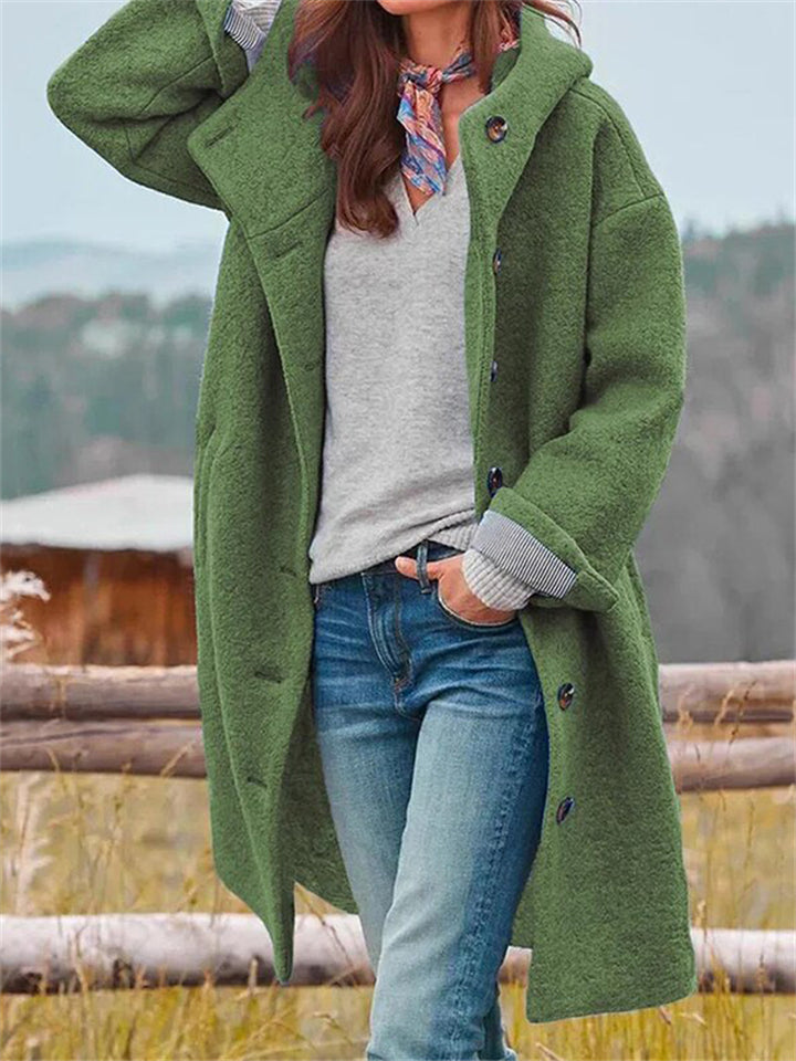 Women's Fashion Single Breasted Hooded Woolen Coat Outerwear