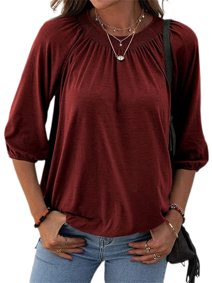 Casual Solid Color Round Neck 3/4 Sleeve T-Shirts For Women