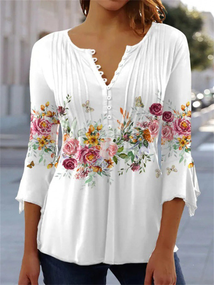 Women's Summer Floral Print 3/4 Sleeve V-neck Pleated Pullover Tops