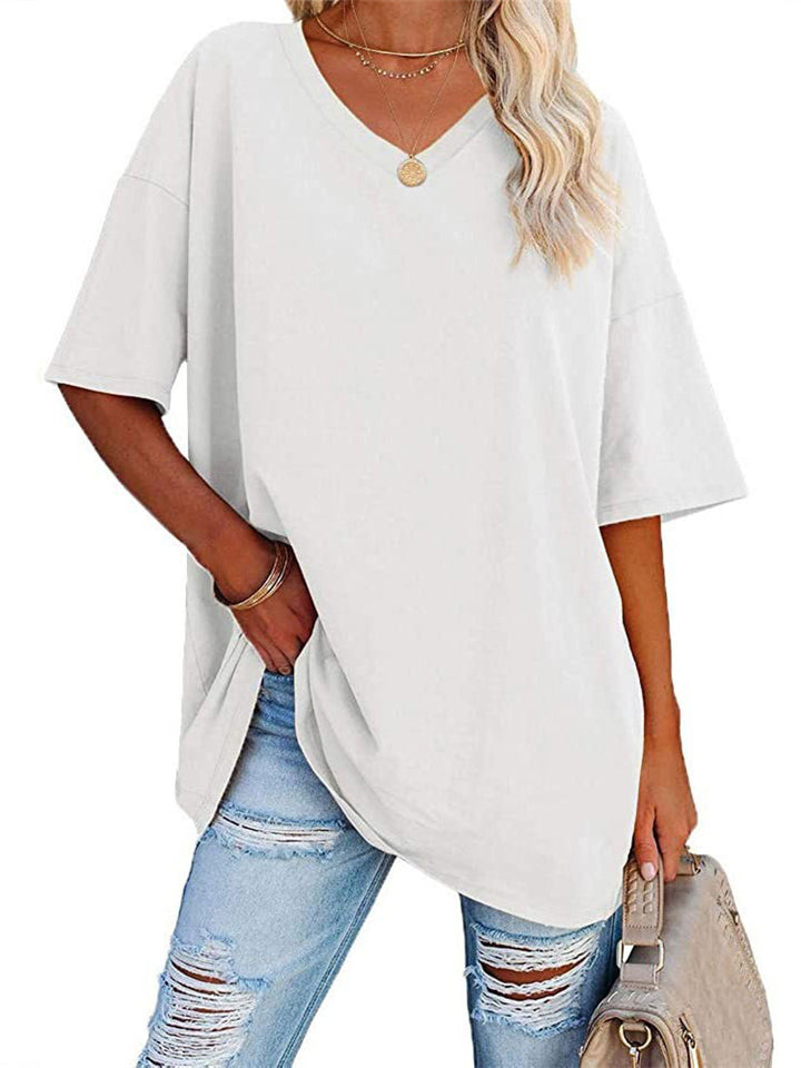 Women's Loose V-Neck Half Sleeve Solid Color T-Shirts