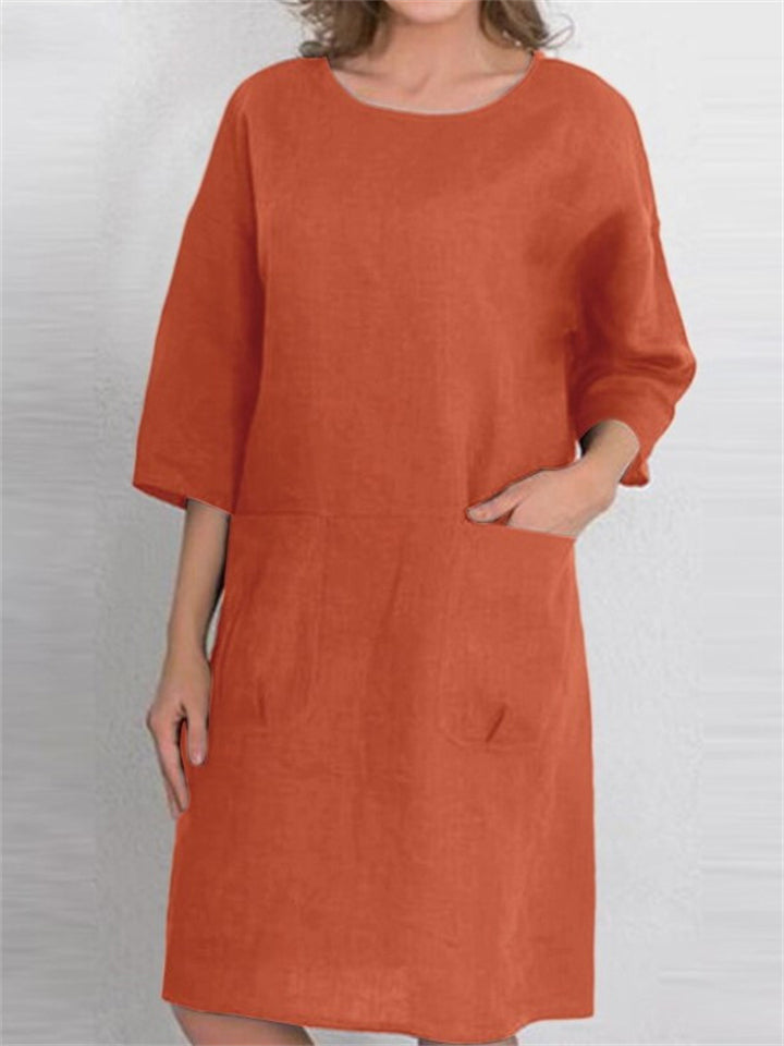 Women's Simple Cotton Linen Crew Neck Half Sleeve Solid Color Dresses