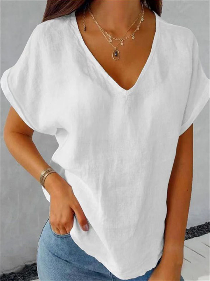 Summer Solid Color V-neck Short Sleeve Simple T-shirt for Lady