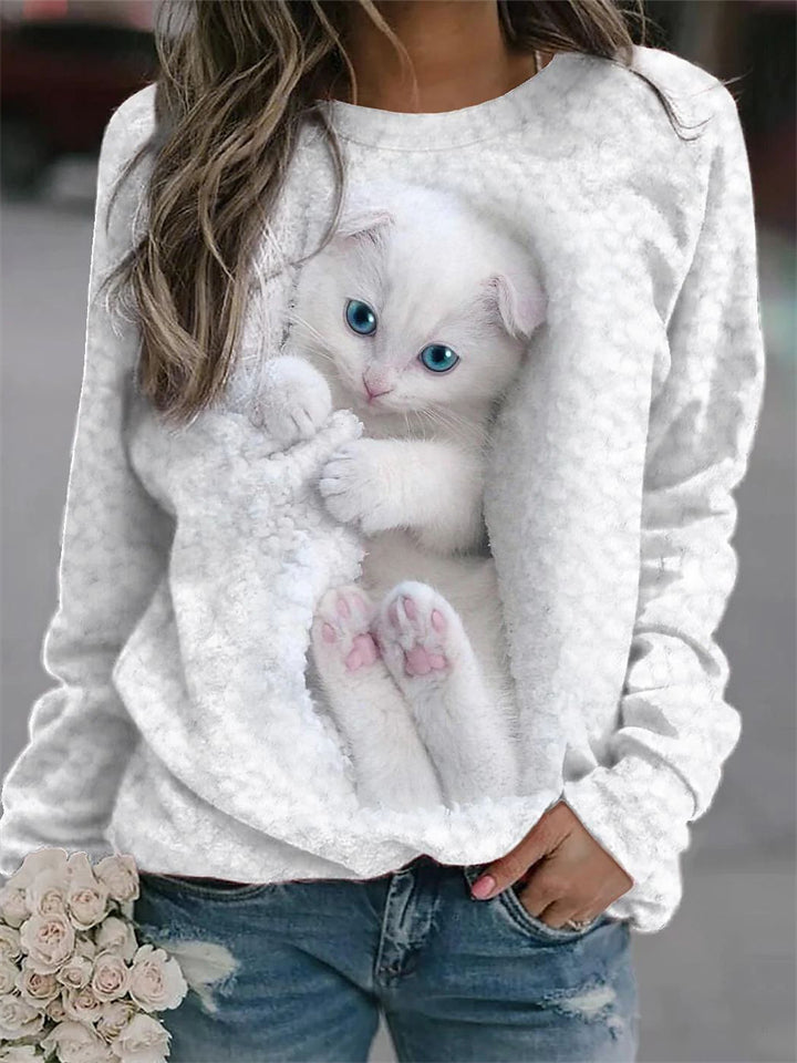 Women's Holiday Casual White Cute Cat Print Hoodie