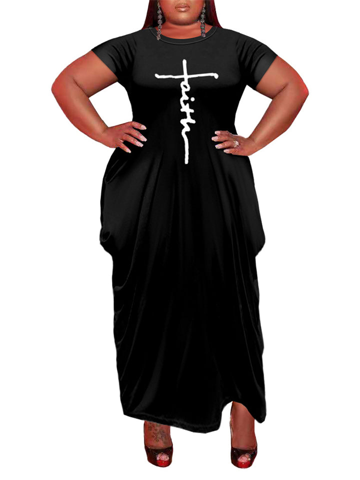 Women's Trendy Loose Crew Neck Irregular Hem Faith Print Dress