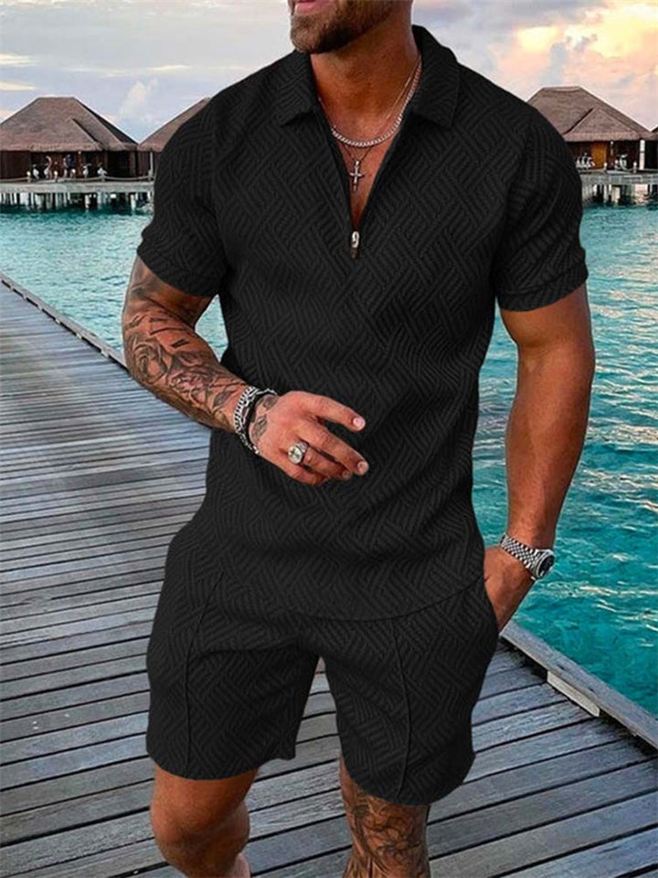 Men's Printed Textured Casual Short Sleeve Polo Set
