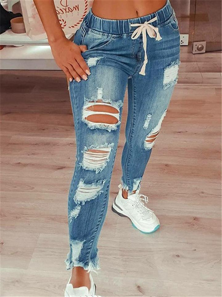 Women's Holiday High-Rise Elastic Waist Drawstring Ripped Jeans