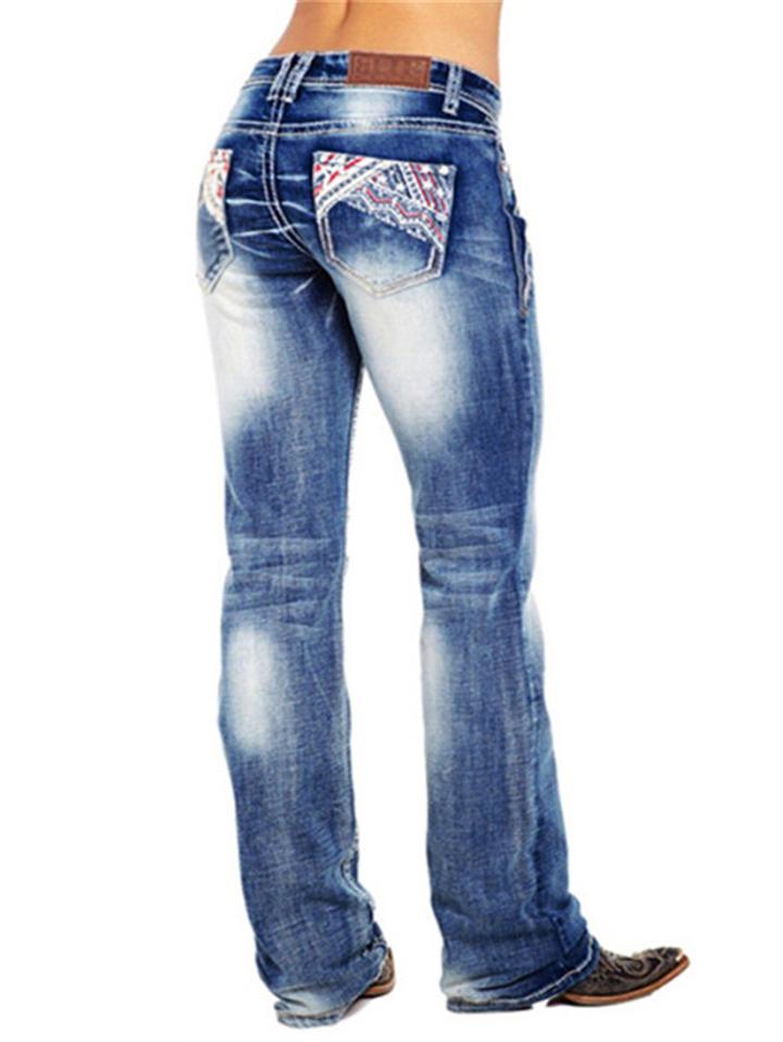 Women's High Waist Zipper Embroidery Washed Pocket Straight Leg Jeans