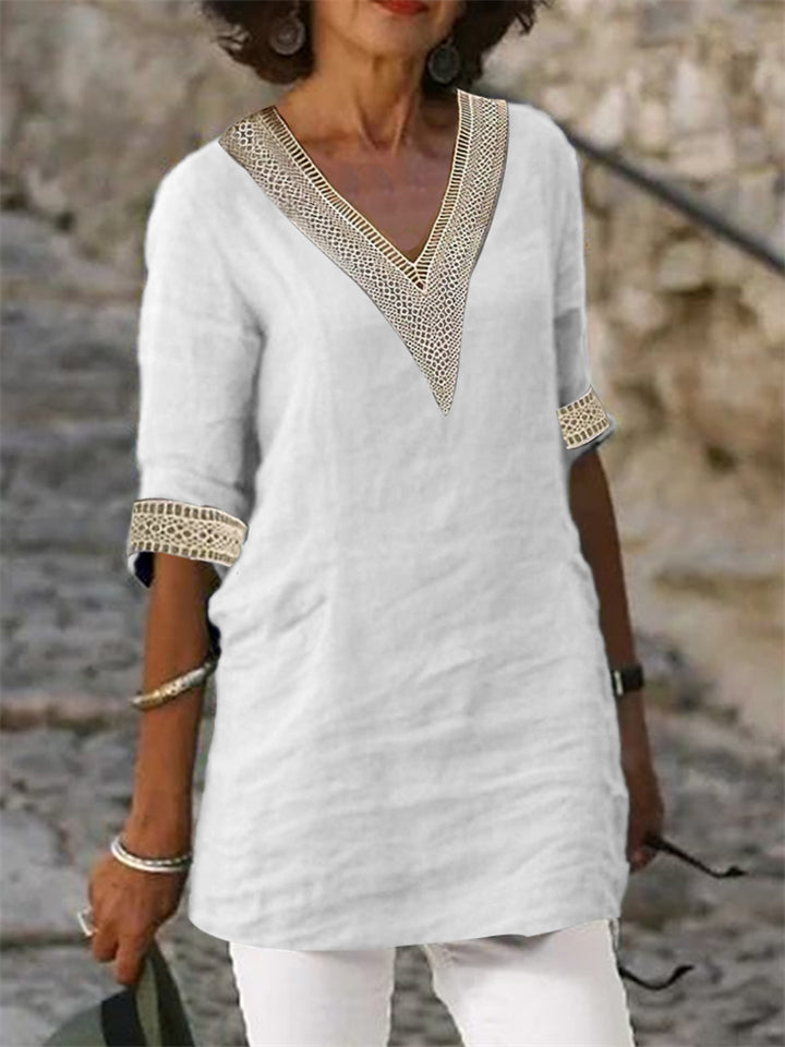 Women's Cotton Linen V-neck Half Sleeve Lace Patchwork Shirts