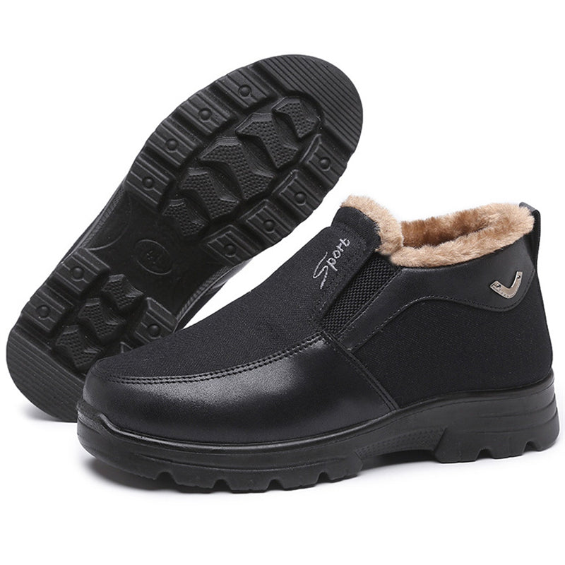 Men's Winter Keep Warm Plush Non-Slip Patchwork PU Leather Shoes
