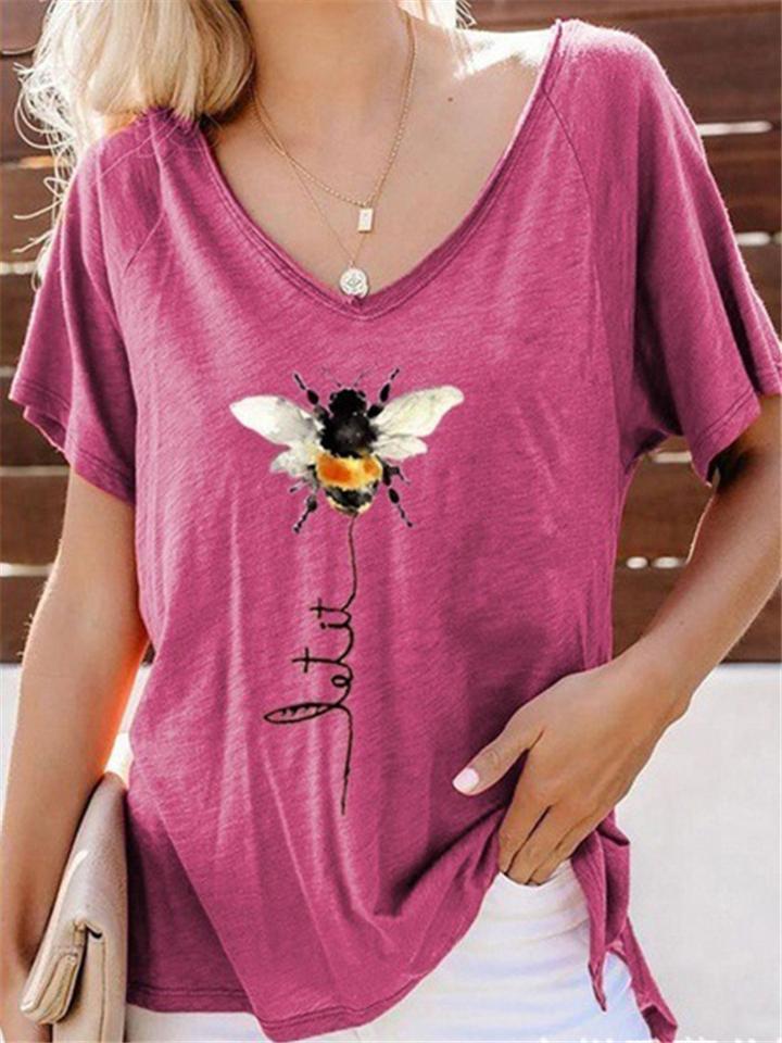 Women's V Neck Bee Printed Short Sleeve T-Shirt