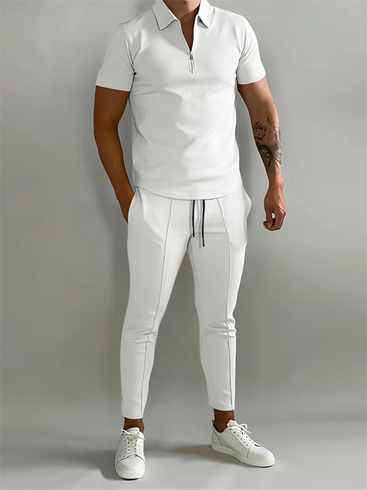 Men's Summer Lapel Short Sleeve Casual Shirt + Sports Pants Set
