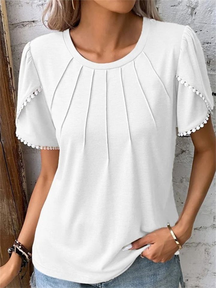 Female Elegant Crew Neck Ruffled Short Sleeve Summer T-shirt