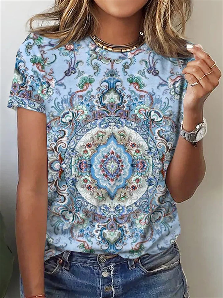 Bohemian Special Printed Round Neck Short Sleeve T-shirt for Women