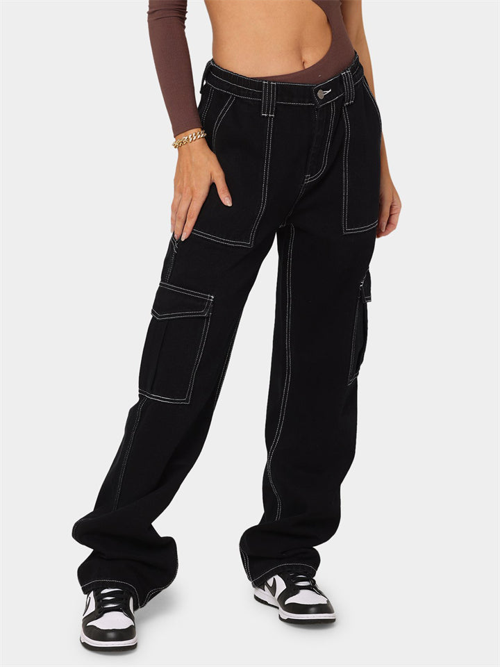 Women's Street Style High Rise Multi Pocket Straight Leg Loose Jeans