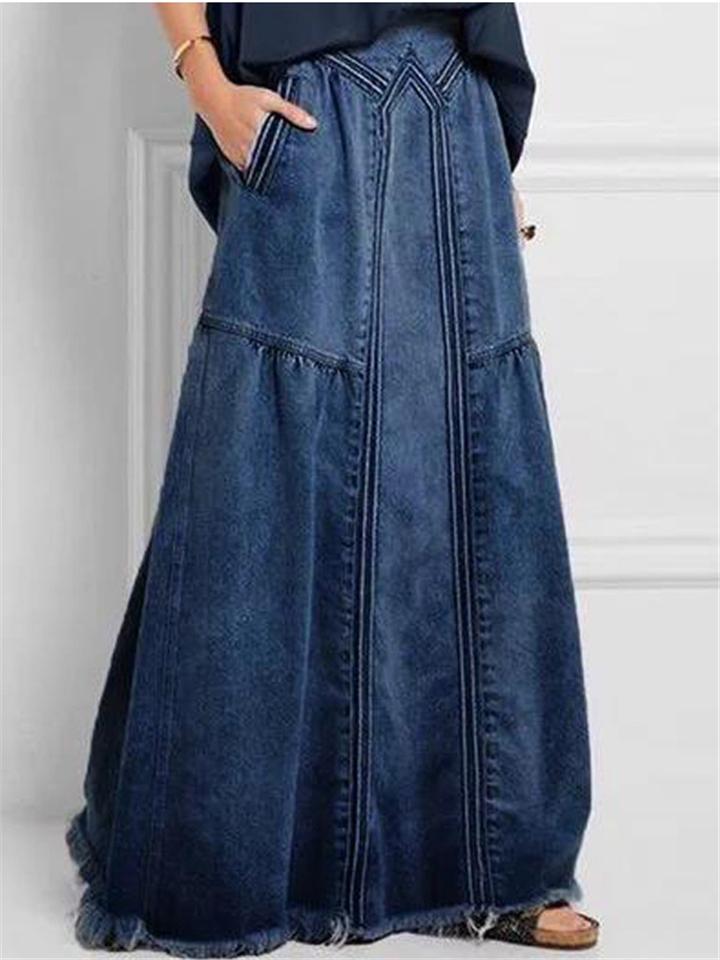 Frayed Hem Elastic Waistband Pocket Long Denim Skirt