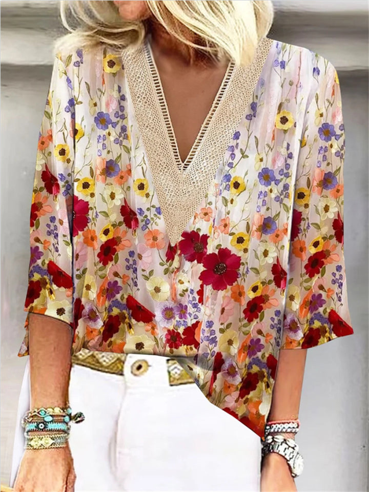 Women's Summer Lace V Neck Print 3/4 Sleeve Blouses