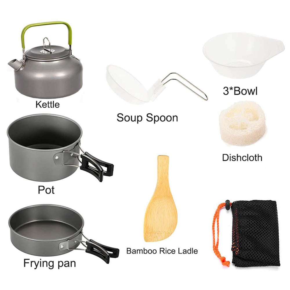 Camping Cookware Kit Outdoor Pot Pan Stove Kettle Cups Tableware Equipment