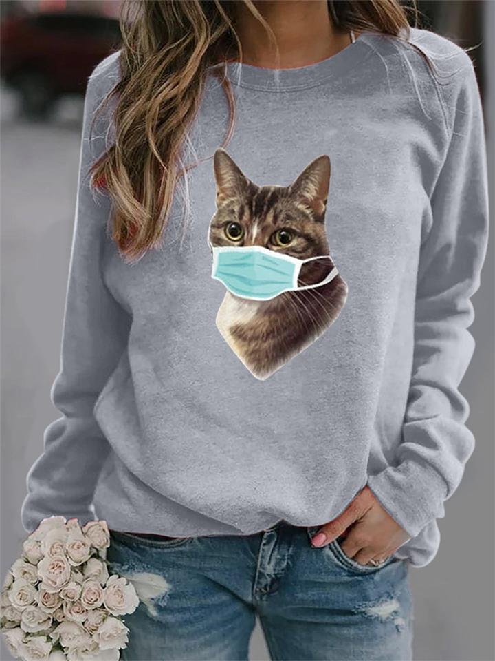 Casual Fit Cat Printed Long Sleeve Round Neck Pullover Sweatshirt