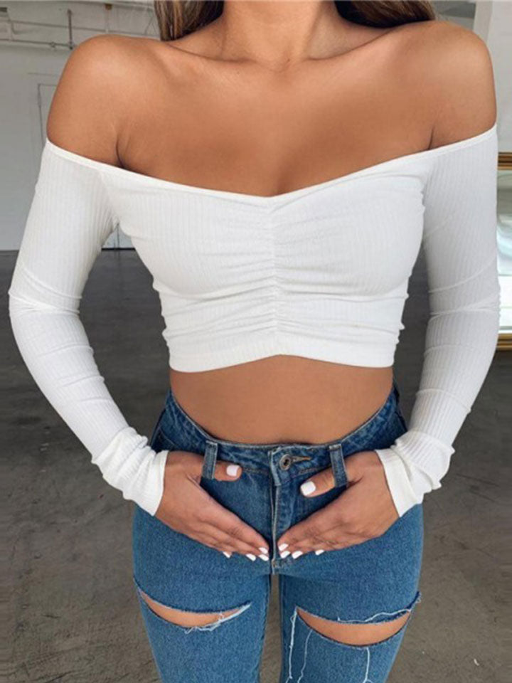 Women Ribbed Knitted Off Shoulder Long Sleeve T-shirt