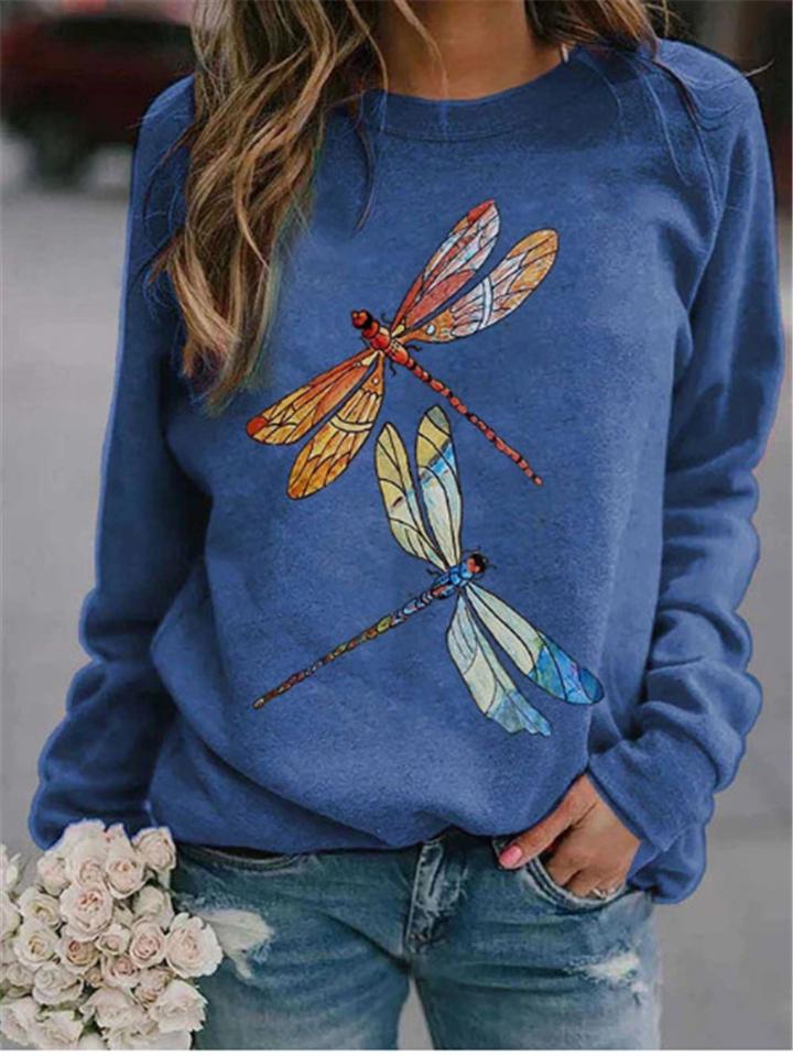 Casual Fit Dragonfly Printed Crew Neck Long Sleeve Shirt