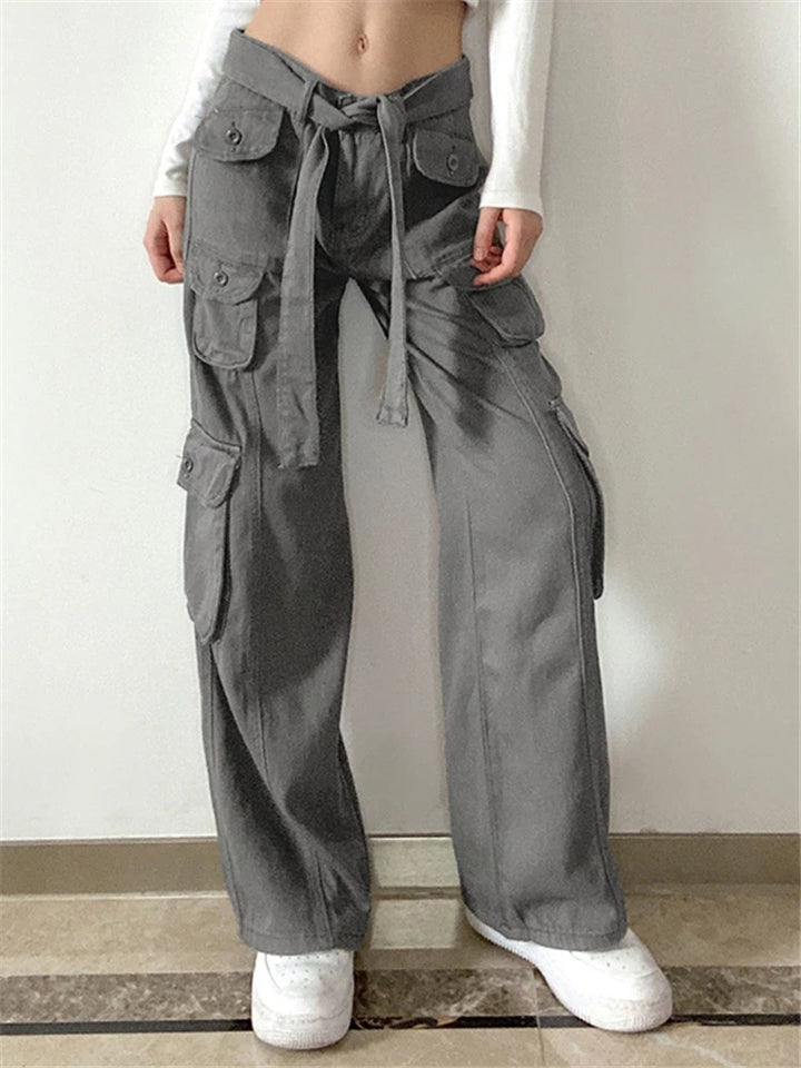 Cool High Street Lace Up Waist Y2K Denim Cargo Pants