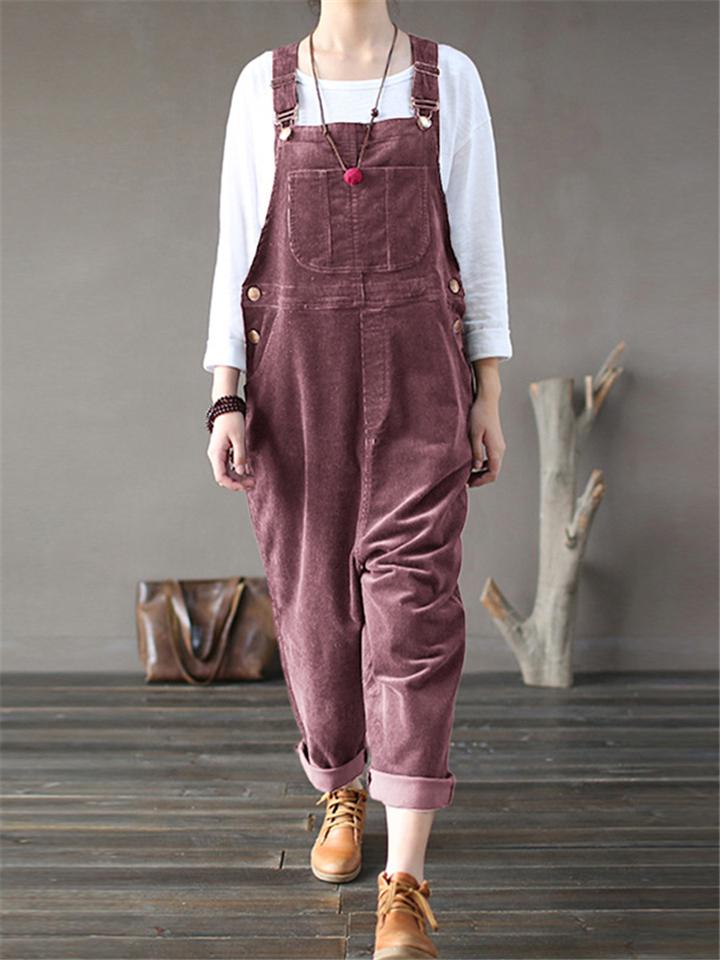 Women’s Casual Style Multi-Pocket Corduroy Strappy Jumpsuit
