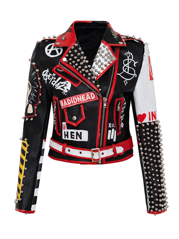 Cool Street Style Leather Graffiti Jacket Jacket with Rivets and Chain