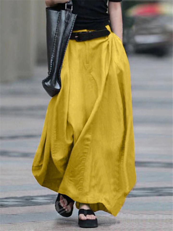 Women's Retro Elastic Waist Button Zipper Pocket Flare Maxi Skirt
