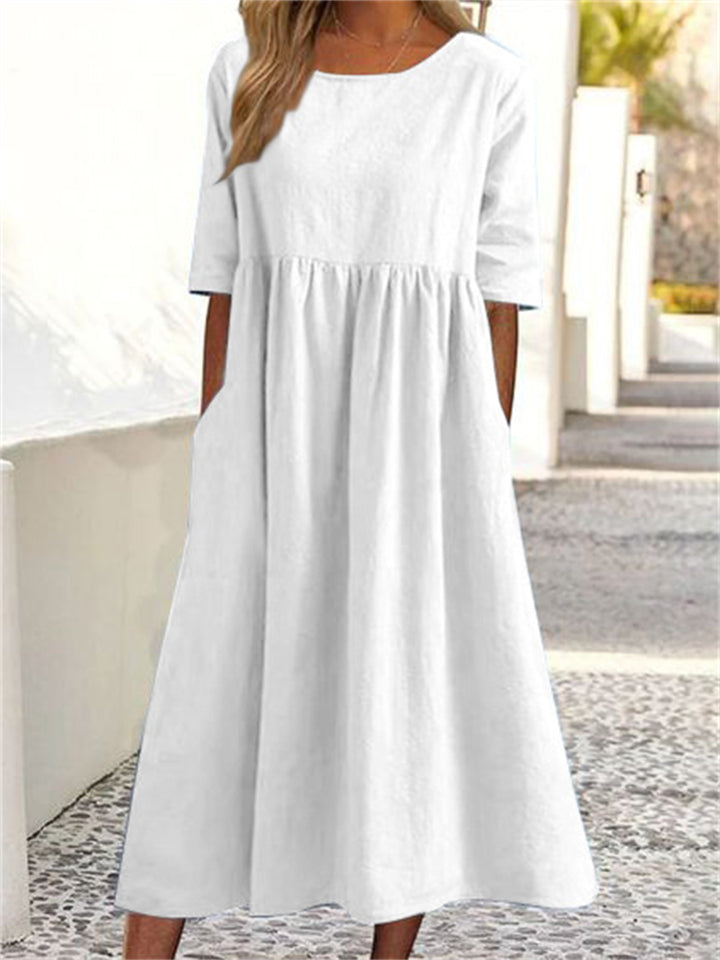 Female Linen Cotton Round Neck Half Sleeve Simple Cozy Dress