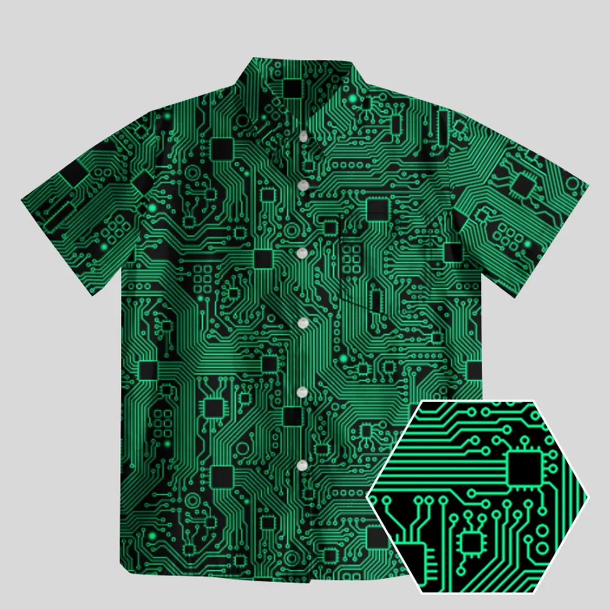 COMPUTER CIRCUIT BOARD GREEN BUTTON UP SHIRT