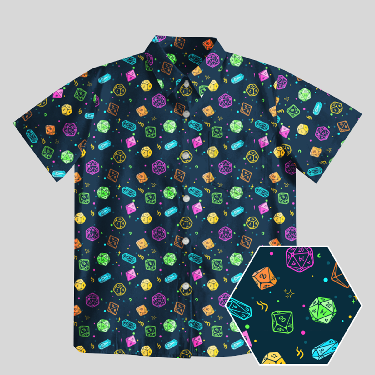 Colorful DND Dice RPG Button Up Pocket ShirtGeeksoutfit