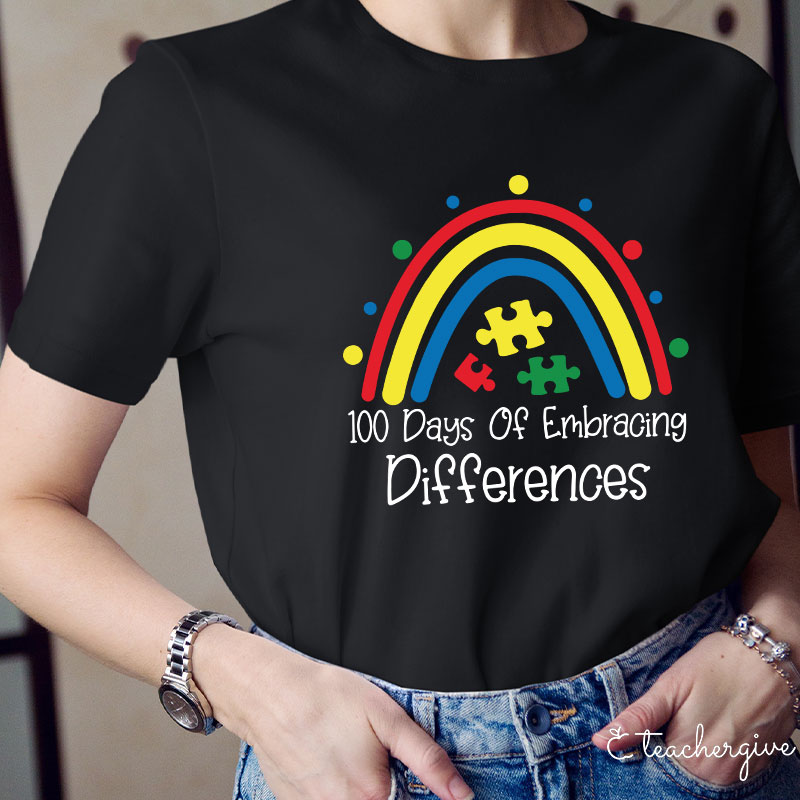 100 Days Of Embracing Differences Rainbow Puzzle Teacher T-Shirt