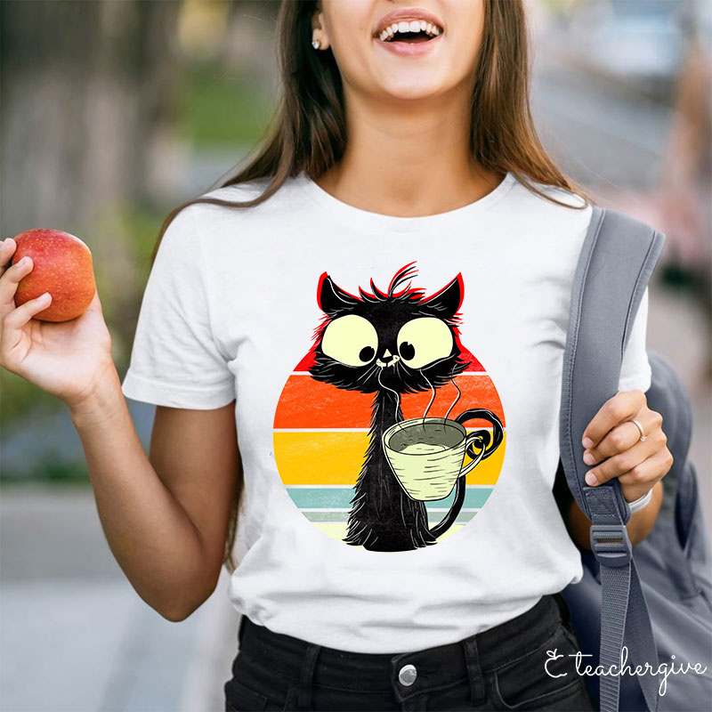 Cat Drinking Coffee Teacher T-Shirt