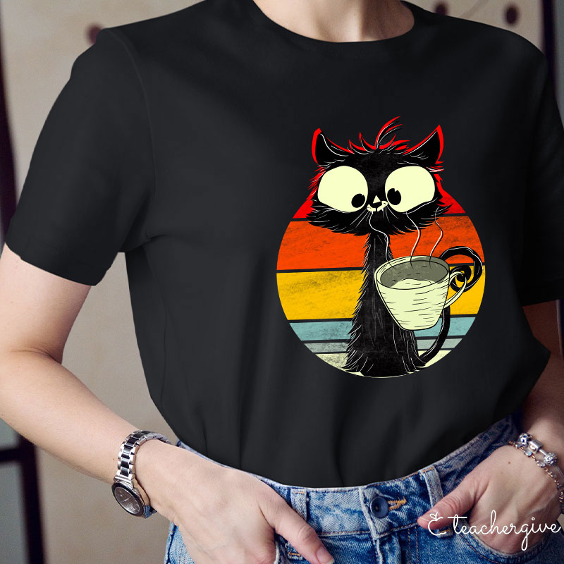 Cat Drinking Coffee Teacher T-Shirt