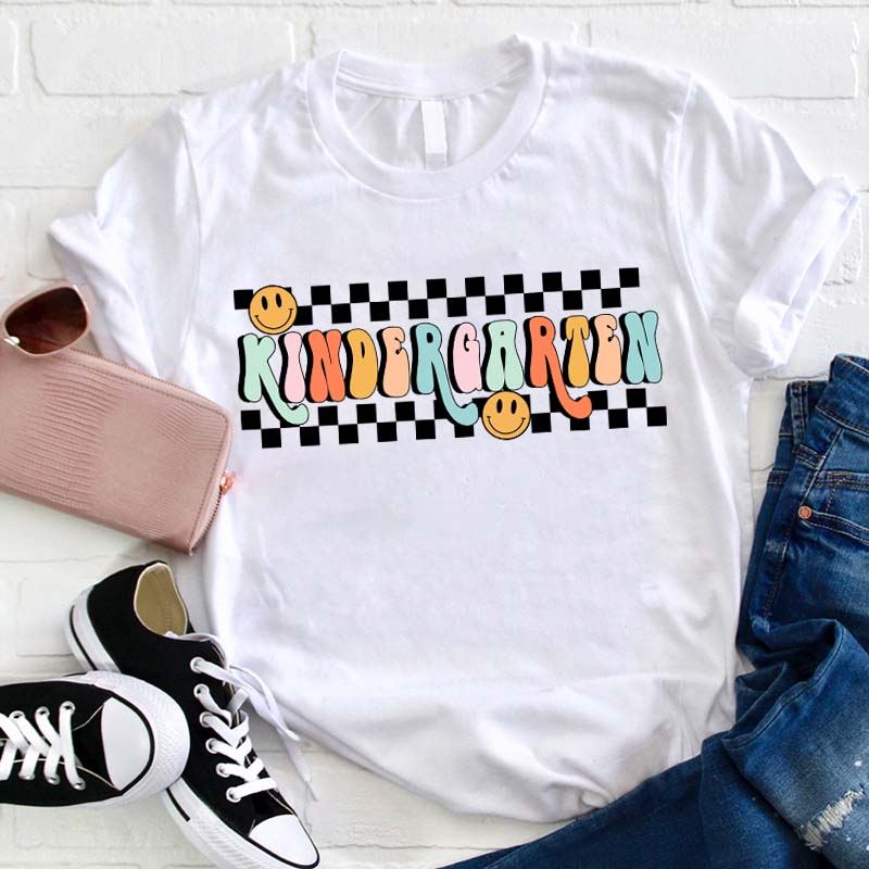 Personalized Grade Black And White Checkerboard Grid Teacher T-Shirt