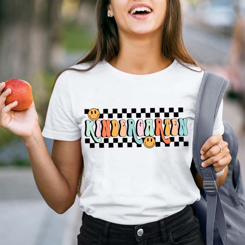 Personalized Grade Black And White Checkerboard Grid Teacher T-Shirt