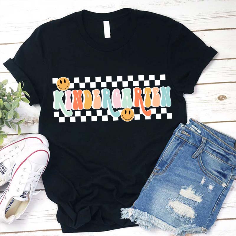 Personalized Grade Black And White Checkerboard Grid Teacher T-Shirt-Teachergive
