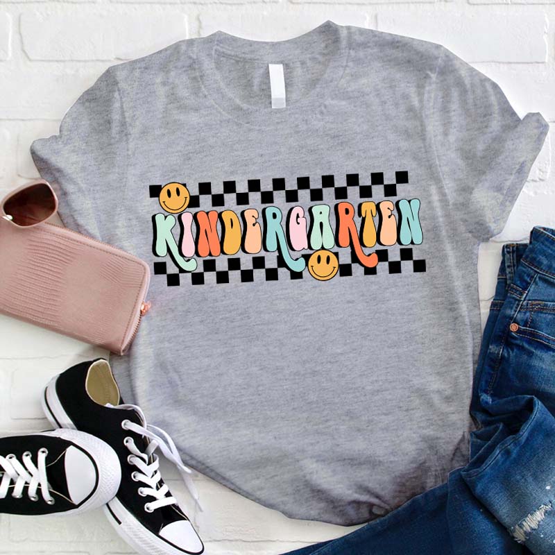 Personalized Grade Black And White Checkerboard Grid Teacher T-Shirt