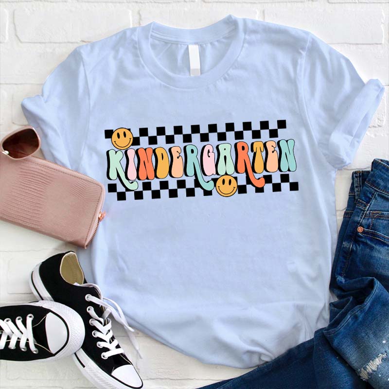 Personalized Grade Black And White Checkerboard Grid Teacher T-Shirt