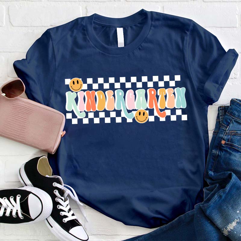 Personalized Grade Black And White Checkerboard Grid Teacher T-Shirt
