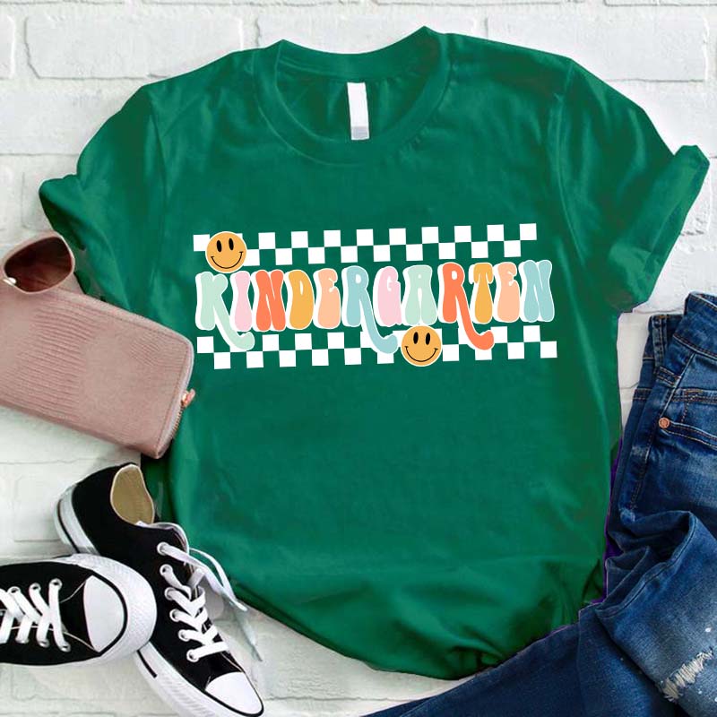 Personalized Grade Black And White Checkerboard Grid Teacher T-Shirt