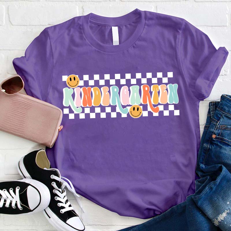 Personalized Grade Black And White Checkerboard Grid Teacher T-Shirt