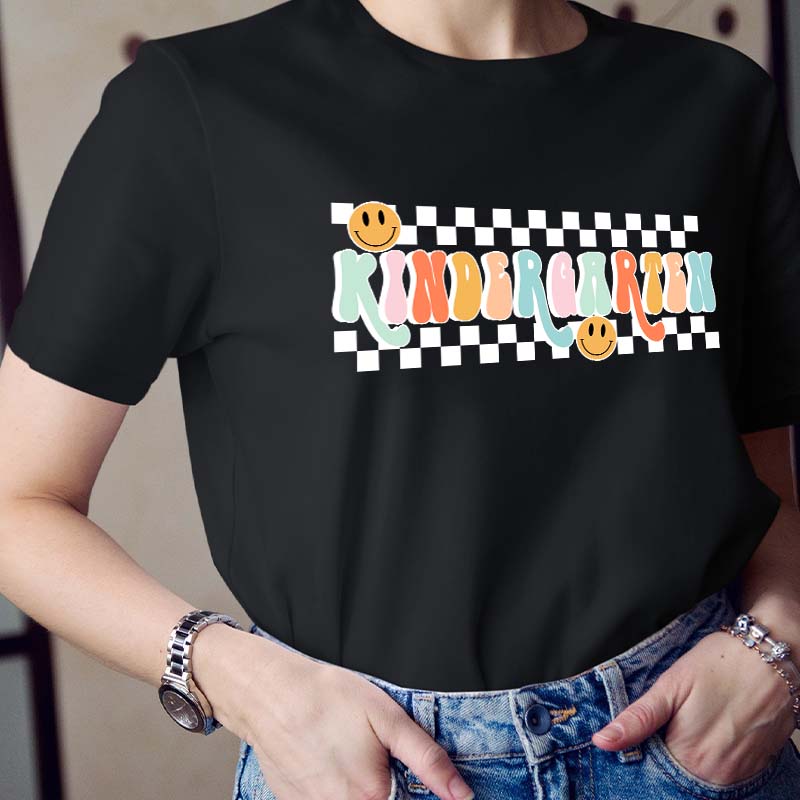 Personalized Grade Black And White Checkerboard Grid Teacher T-Shirt