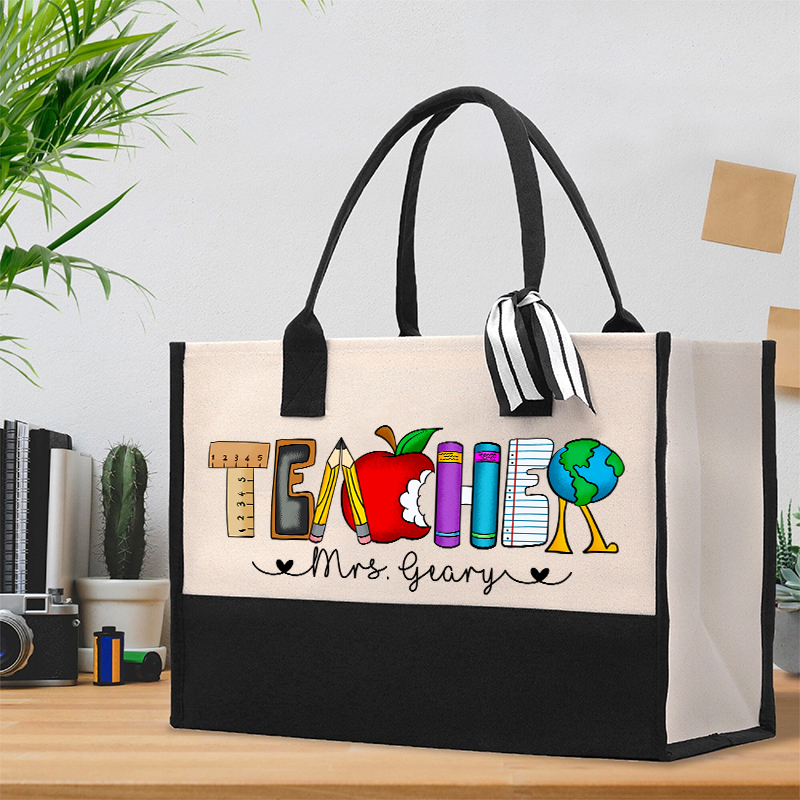 Personalized Name Cartoon Stationery Teacher Alphabet Teacher Cotton Tote Bag